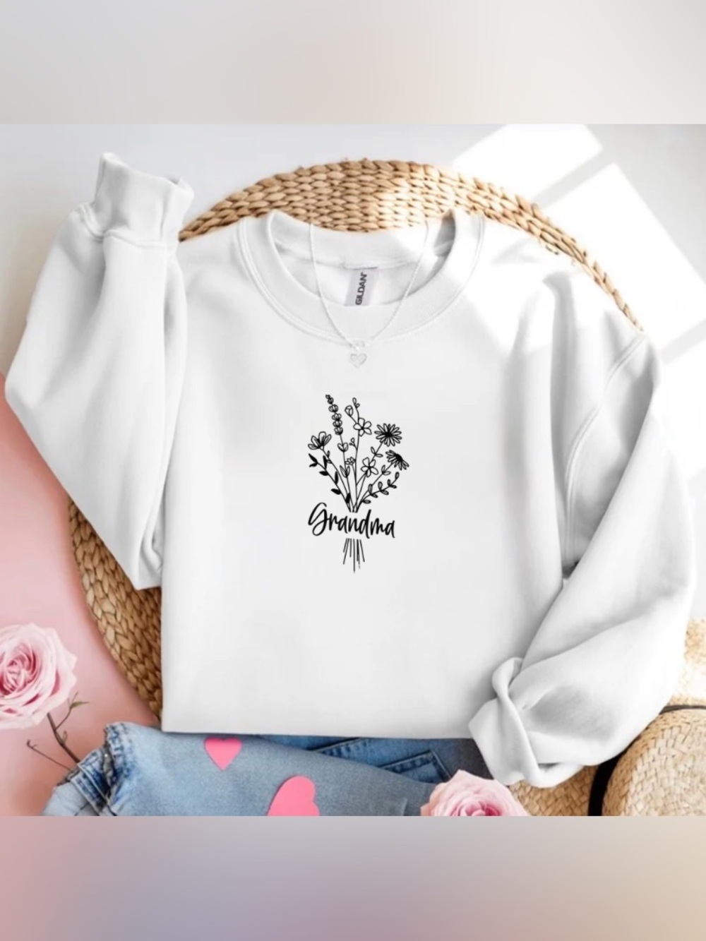 Grandma Floral Bouquet White Crewneck Sweatshirt Grandma Gift Nana